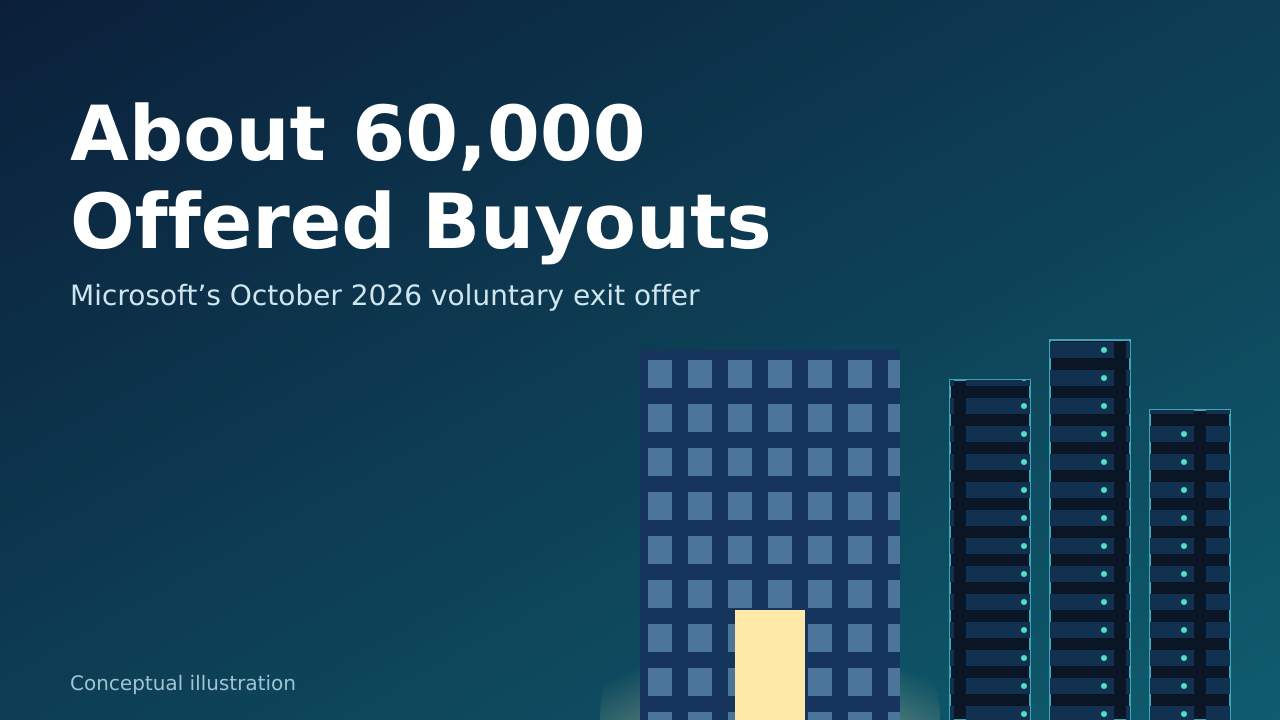 Illustration of a glass office building with a lit doorway beside rows of server racks, with the text About 60,000 Offered Buyouts.